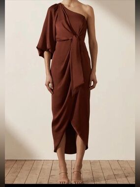 Shona Joy Dress Womens 8 Brown One Shoulder Balloon Sleeve Bow Maxi Gown SJ6006